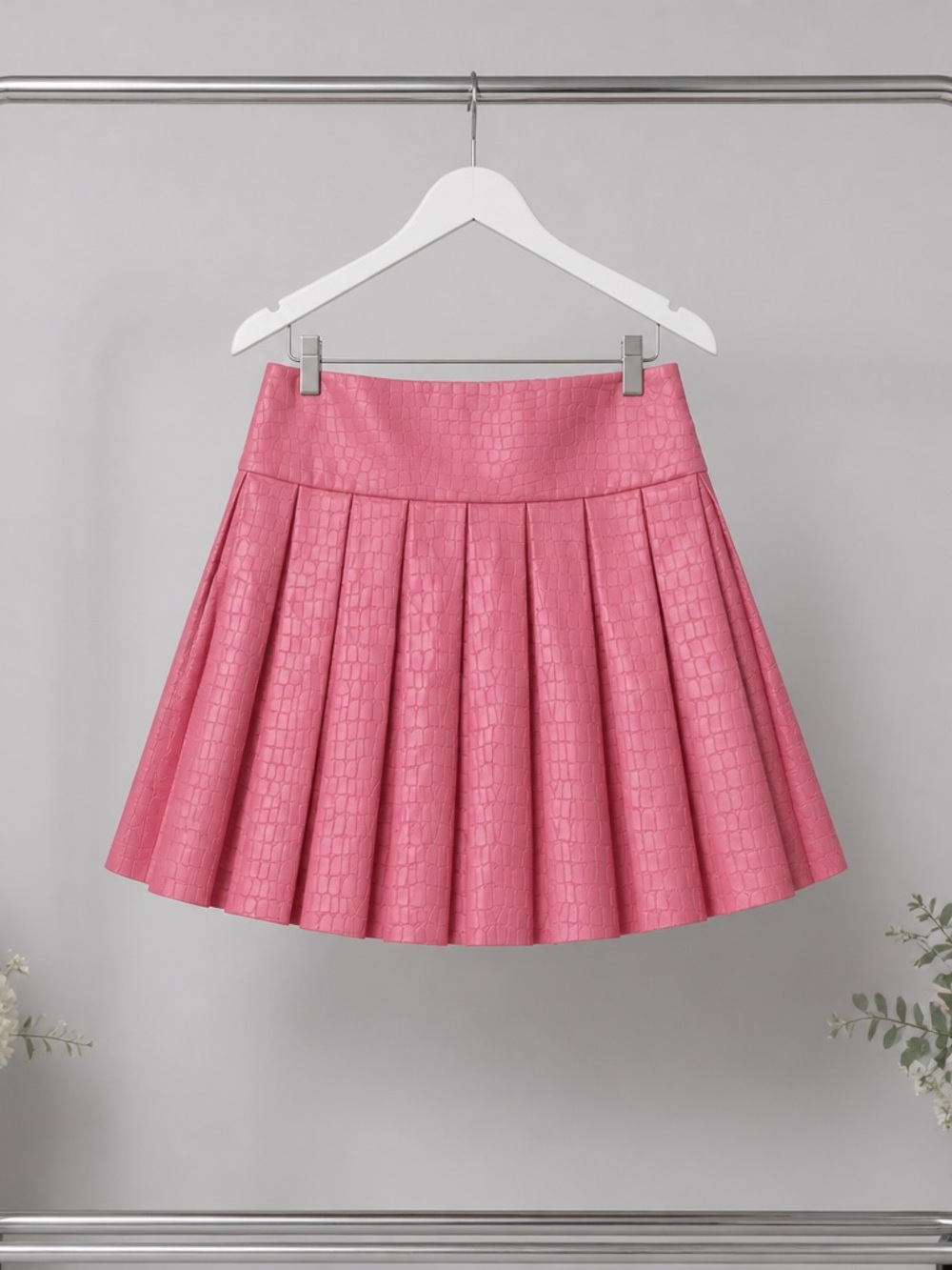 Alice + Olivia Pink Croc-Embossed Pleated Skater Skirt